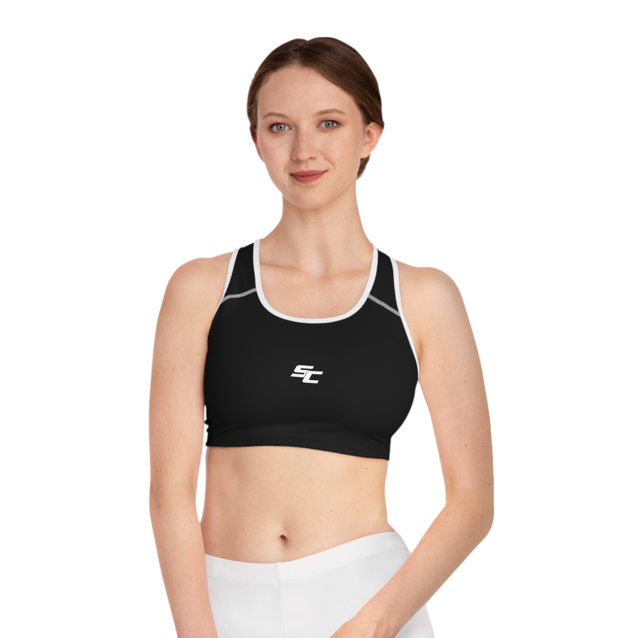 Black Performance Sports Bra — Minimal SC Logo Athletic Crop Top