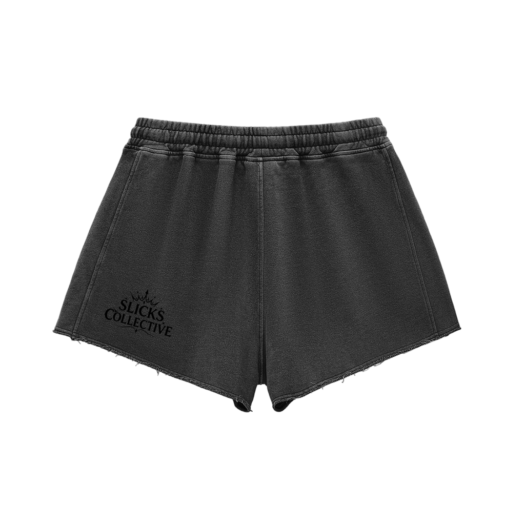 Snow Washed Raw Edge Shorts - *Rise* Black Logo