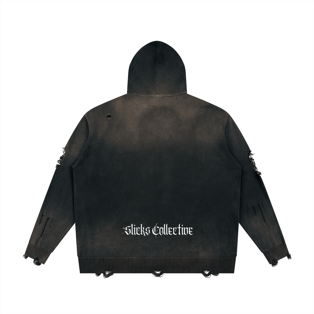 No Remorse Distressed Full Zip Sweater