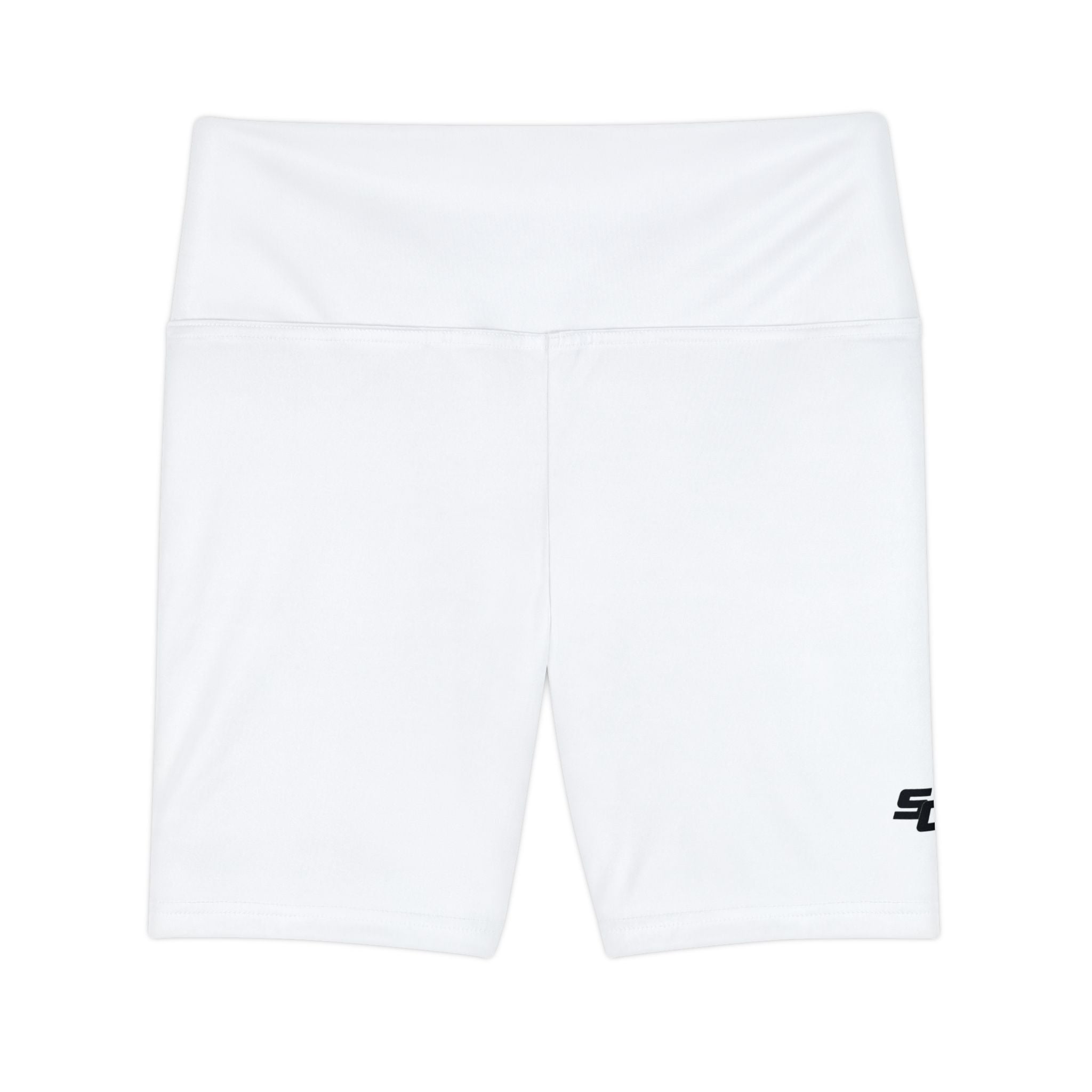 Women's White Workout Bike Shorts - Black SC Logo