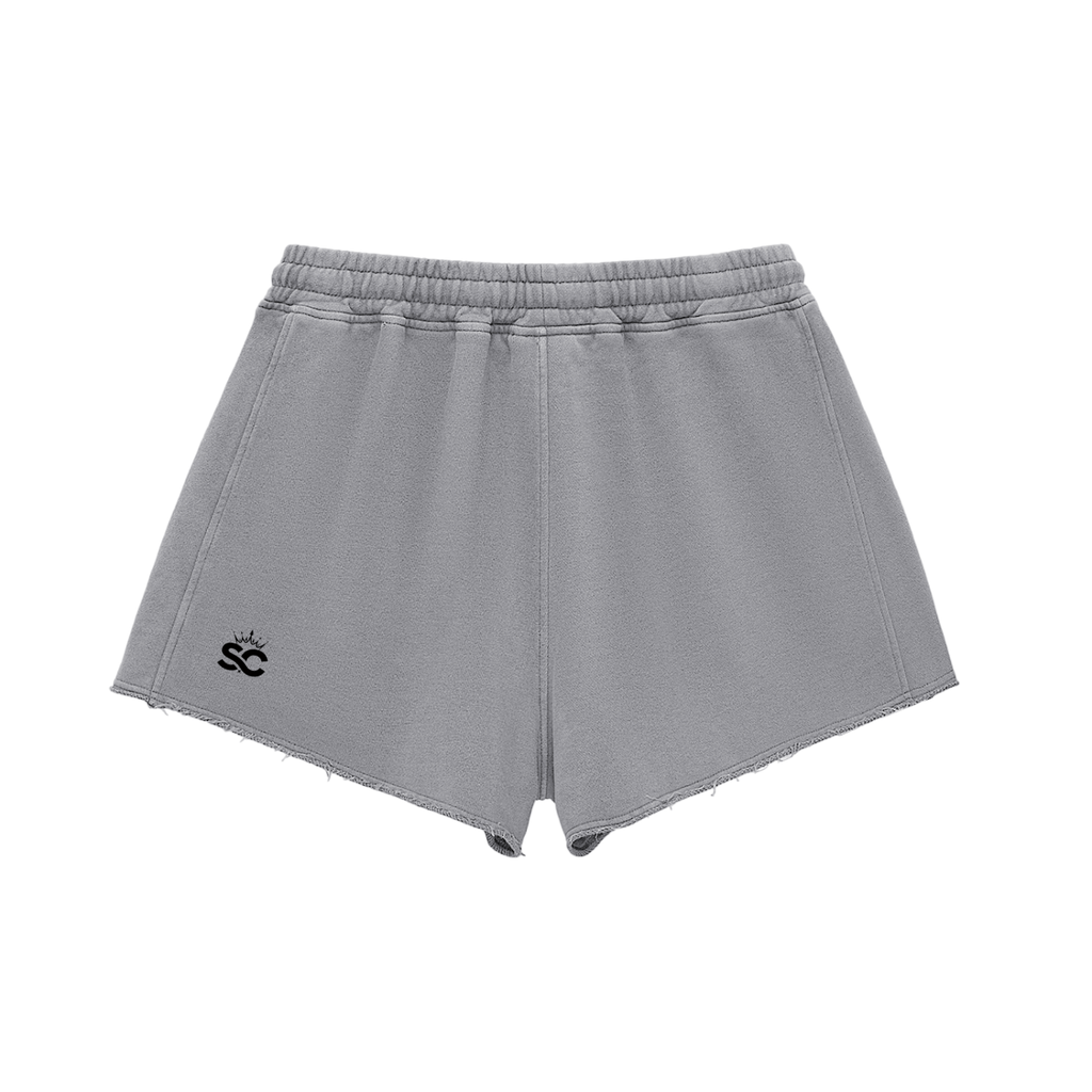 Snow Washed Raw Edge Shorts - *Rise* Black Logo Front