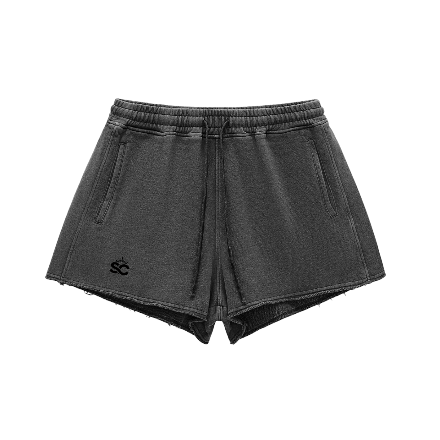 Snow Washed Raw Edge Shorts - *Rise* Black Logo