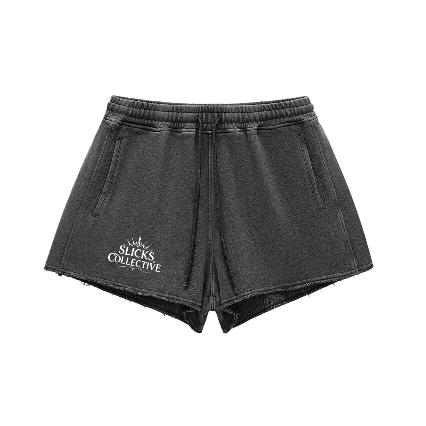 Snow Washed Raw Edge Shorts - *Rise* White Logo Front