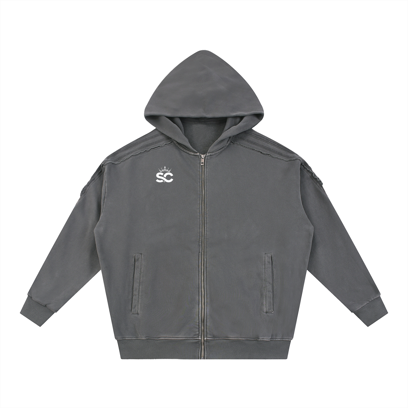 Snow Washed Tape Raw Edge Zip Hoodie - *Rise*
