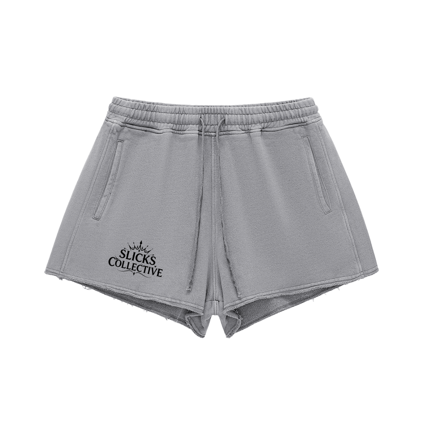 Snow Washed Raw Edge Shorts - *Rise* Black Logo Front