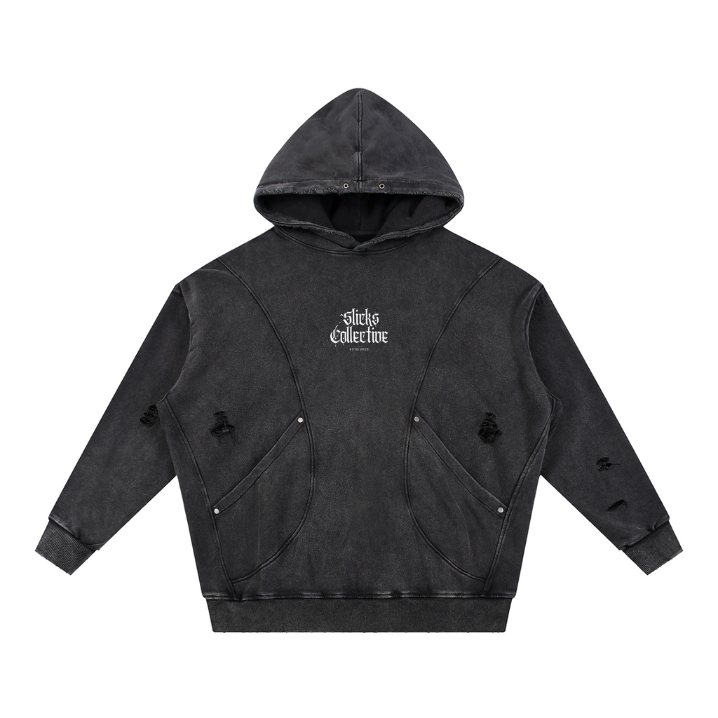 Snow Washed Distressed Panel Hoodie - *Signature*