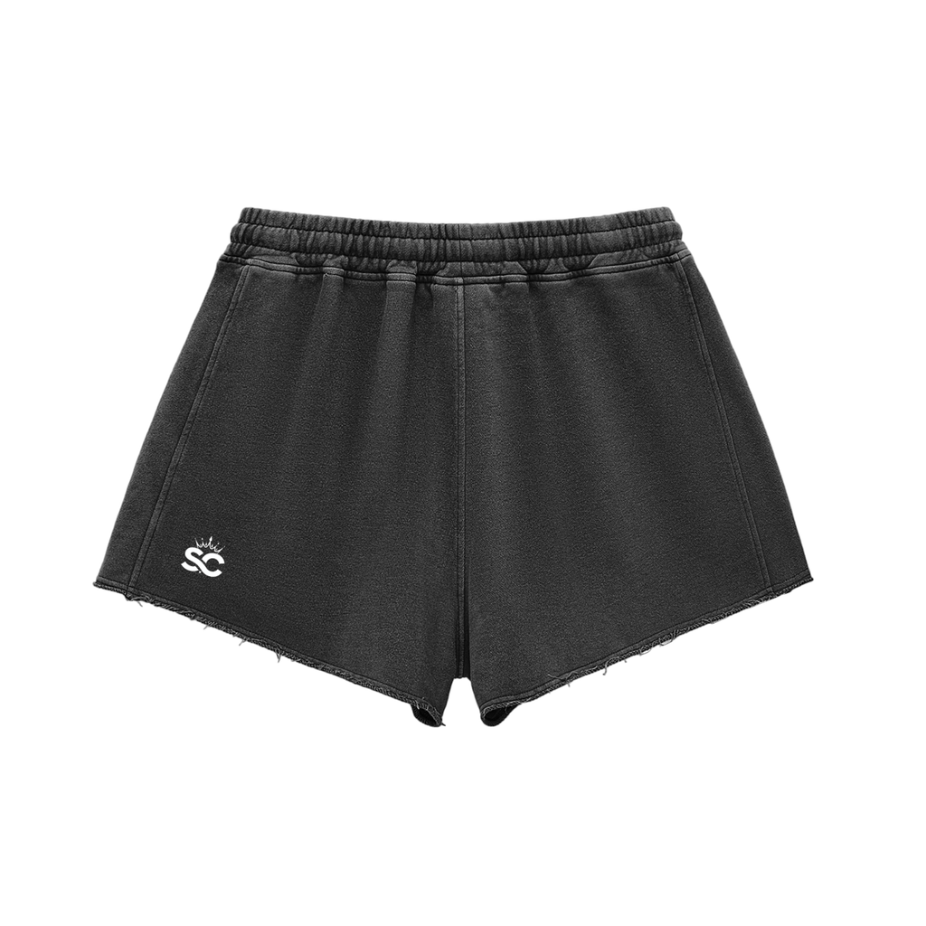 Snow Washed Raw Edge Shorts - *Rise* White Logo Front