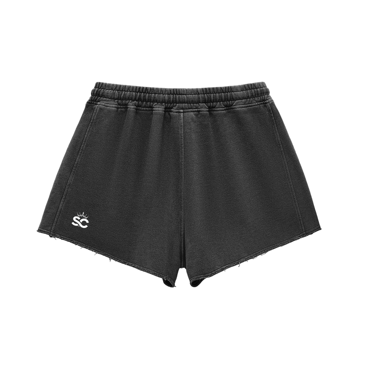 Snow Washed Raw Edge Shorts - *Rise* White Logo Front