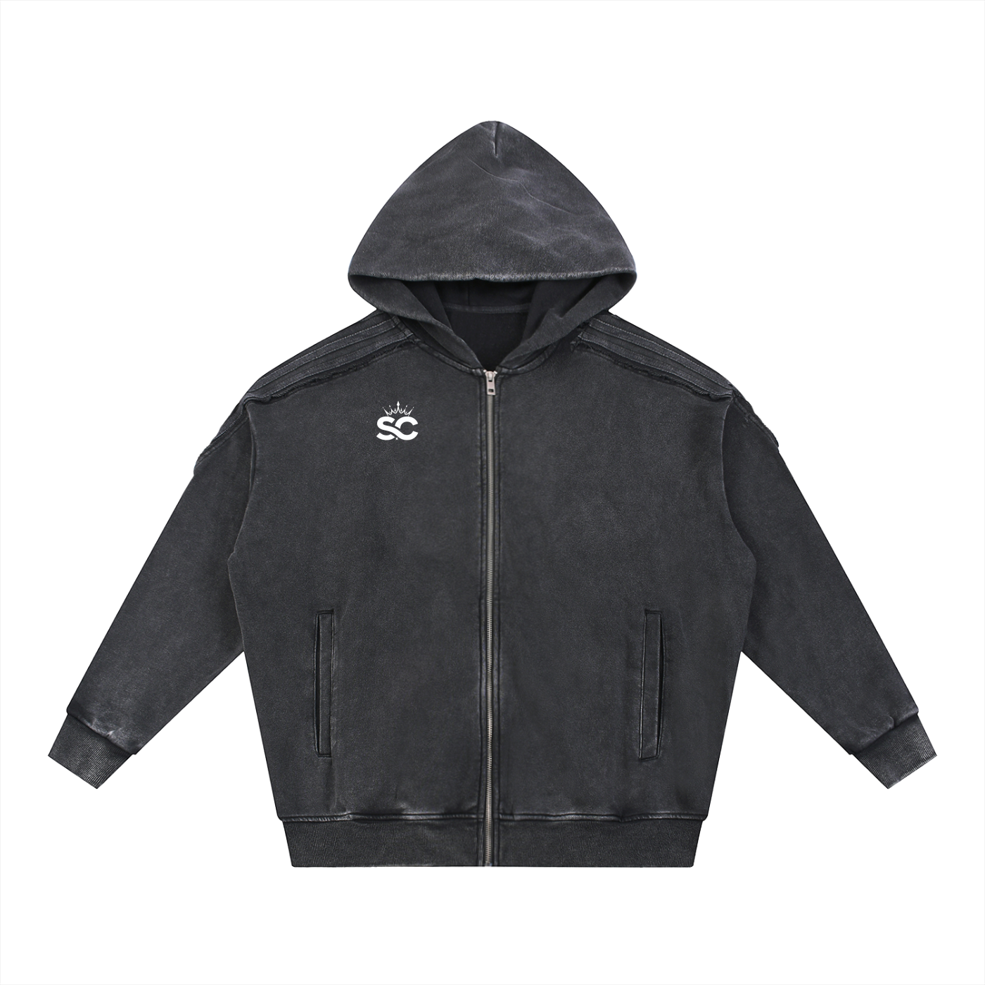 Snow Washed Tape Raw Edge Zip Hoodie - *Rise*