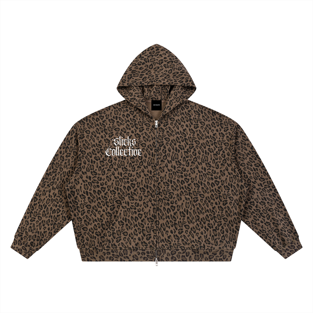 Leopard Print Waffle Full Zip Hoodie
