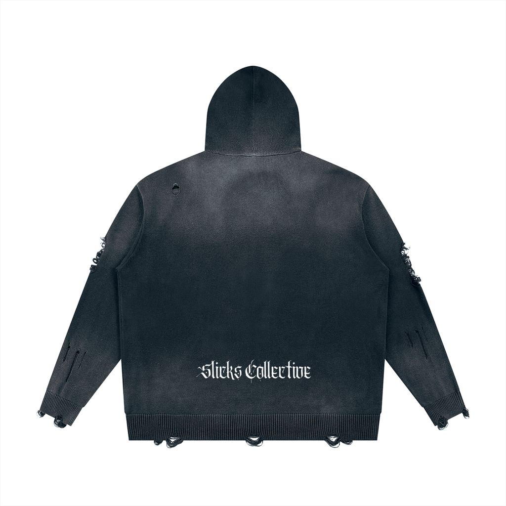 No Remorse Distressed Full Zip Sweater