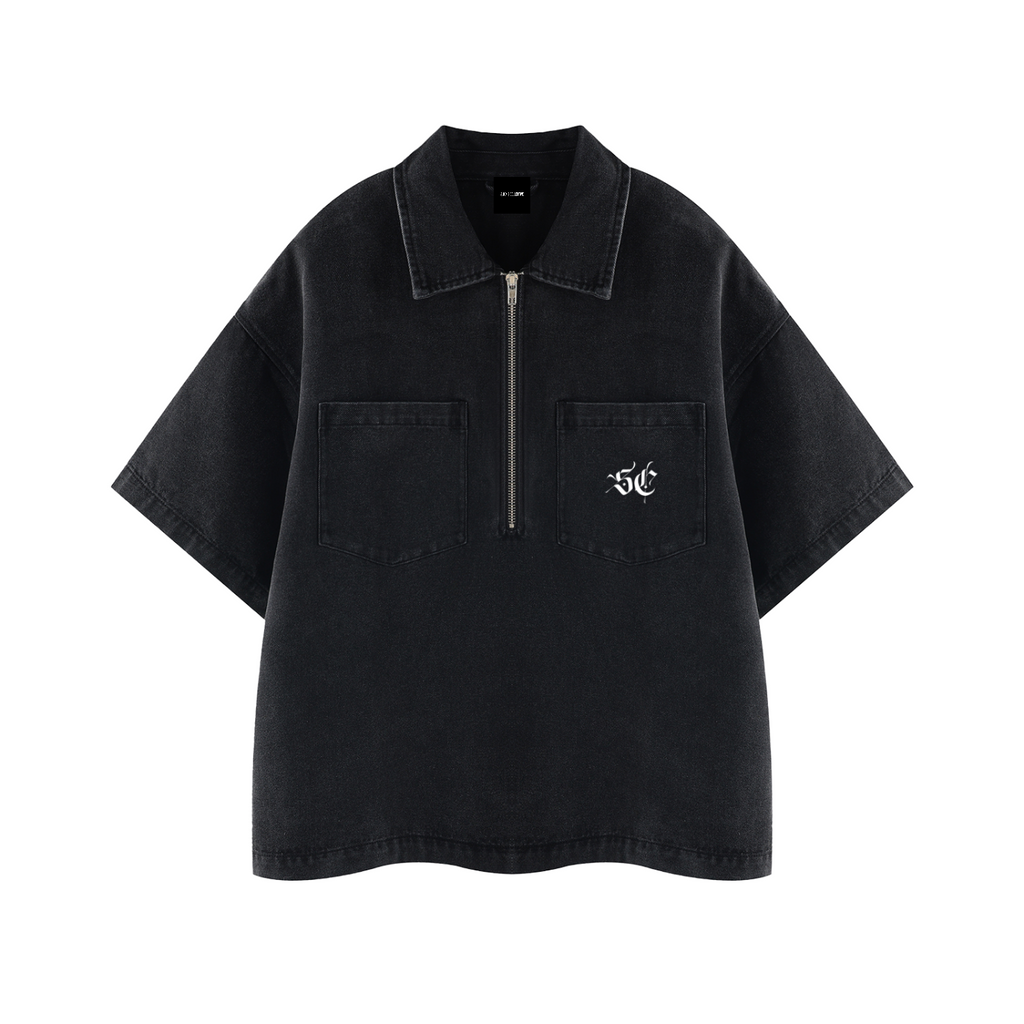 Vintage Wash Boxy Quarter-Zip Denim Shirt - Signature*
