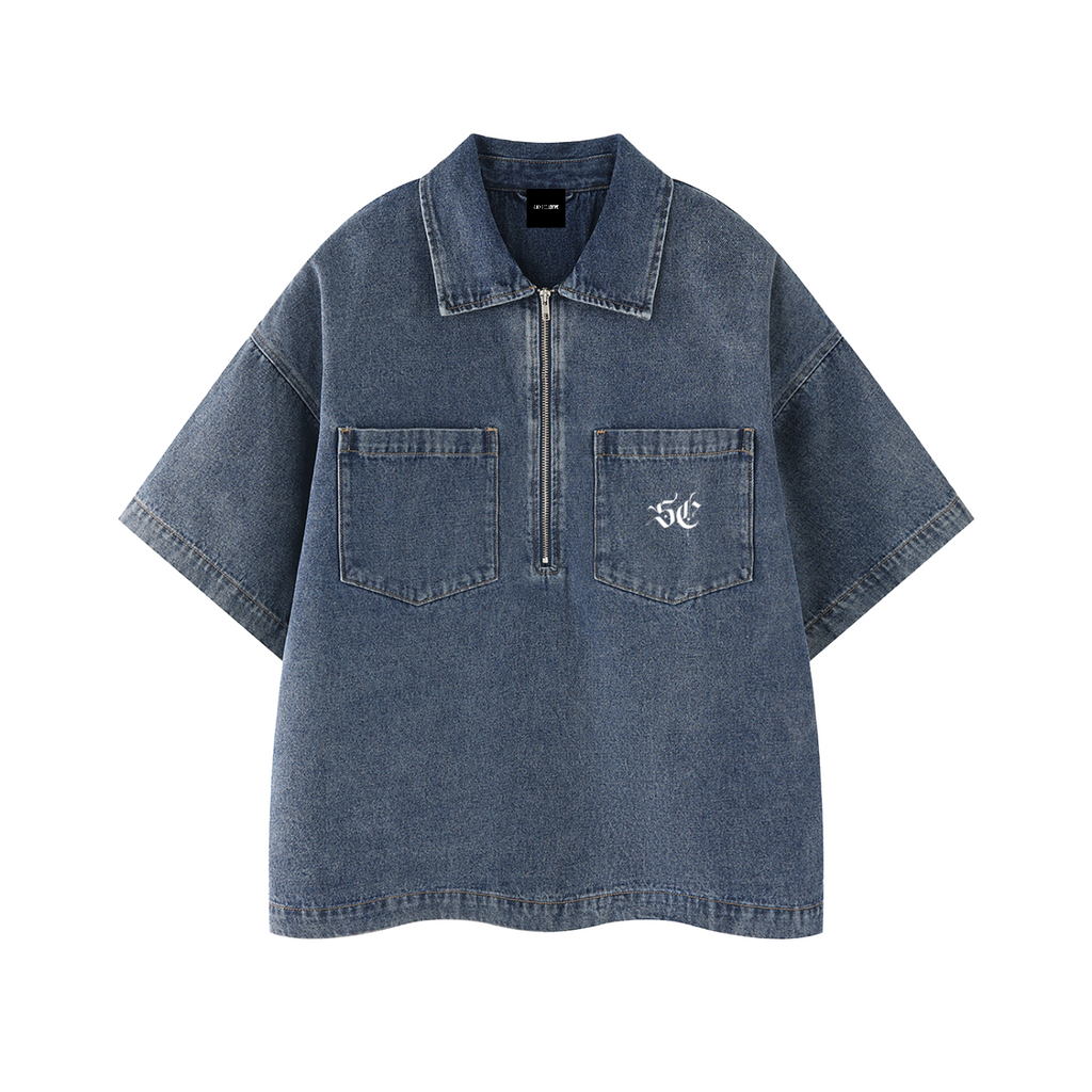Vintage Wash Boxy Quarter-Zip Denim Shirt - Signature*