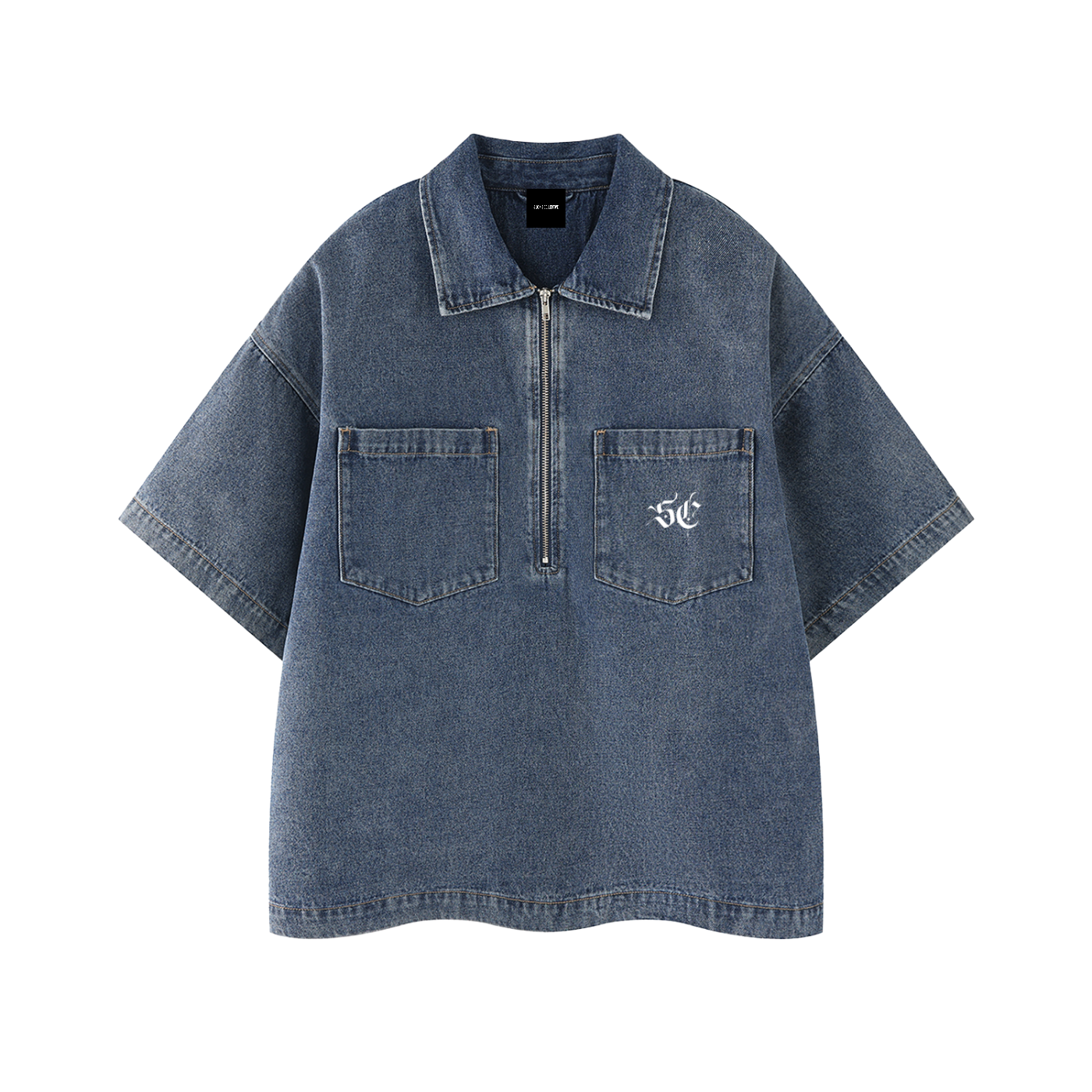 Vintage Wash Boxy Quarter-Zip Denim Shirt - Signature*