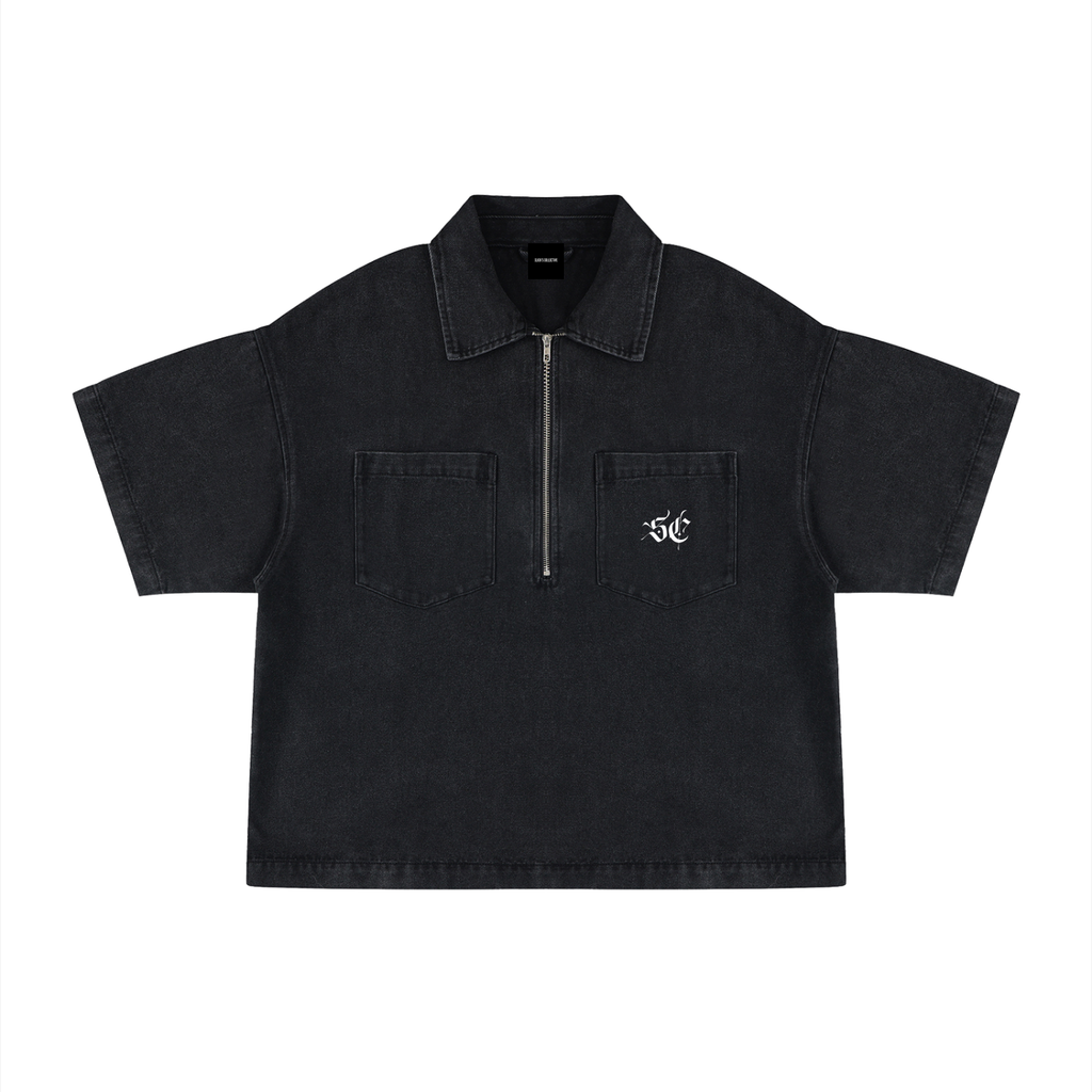 Vintage Wash Boxy Quarter-Zip Denim Shirt - Signature*