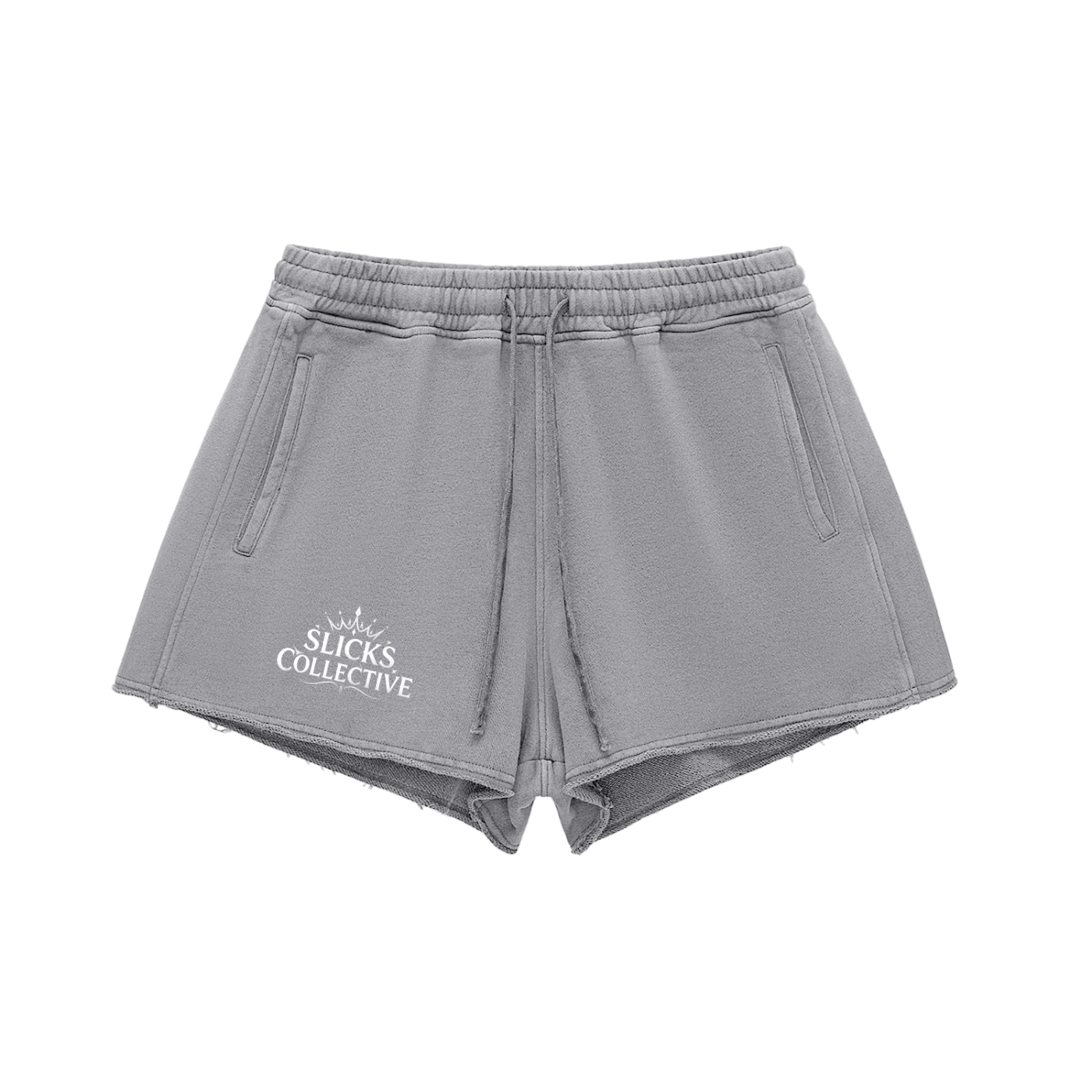 Snow Washed Raw Edge Shorts - *Rise* White Logo Front