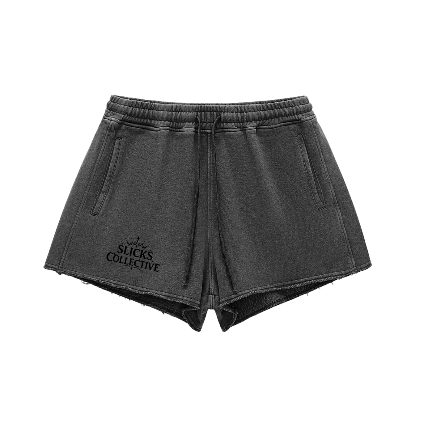 Snow Washed Raw Edge Shorts - *Rise* Black Logo Front