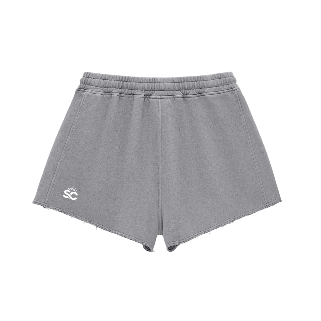 Snow Washed Raw Edge Shorts - *Rise* White Logo Front