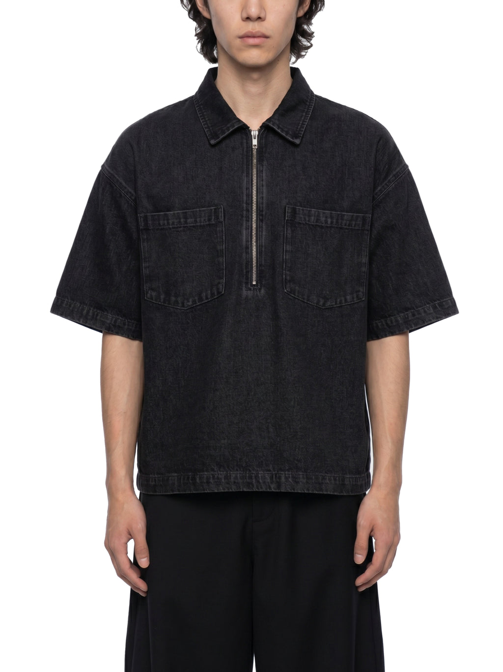 Vintage Wash Boxy Quarter-Zip Denim Shirt - Signature*