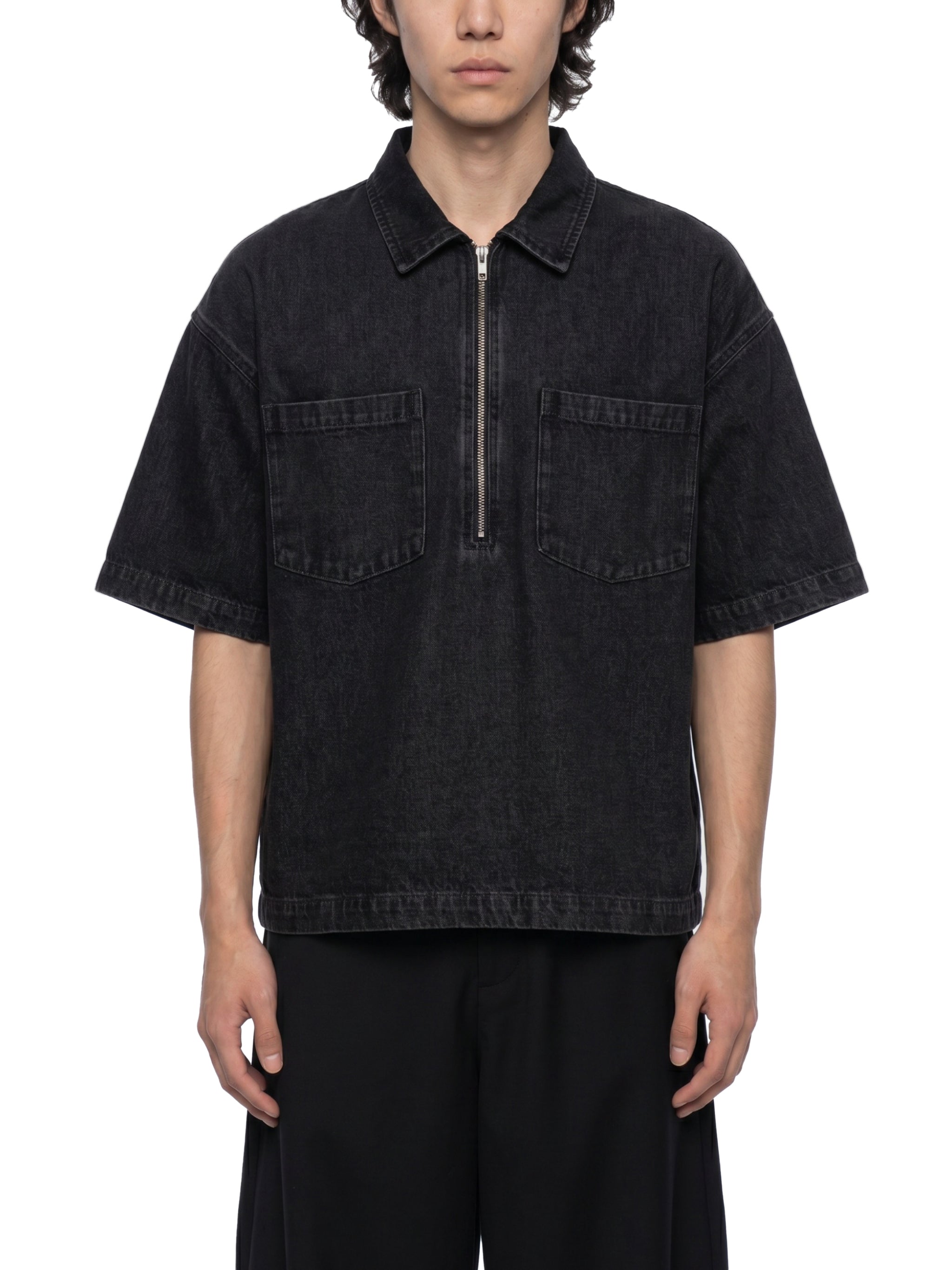 Vintage Wash Boxy Quarter-Zip Denim Shirt - Signature*